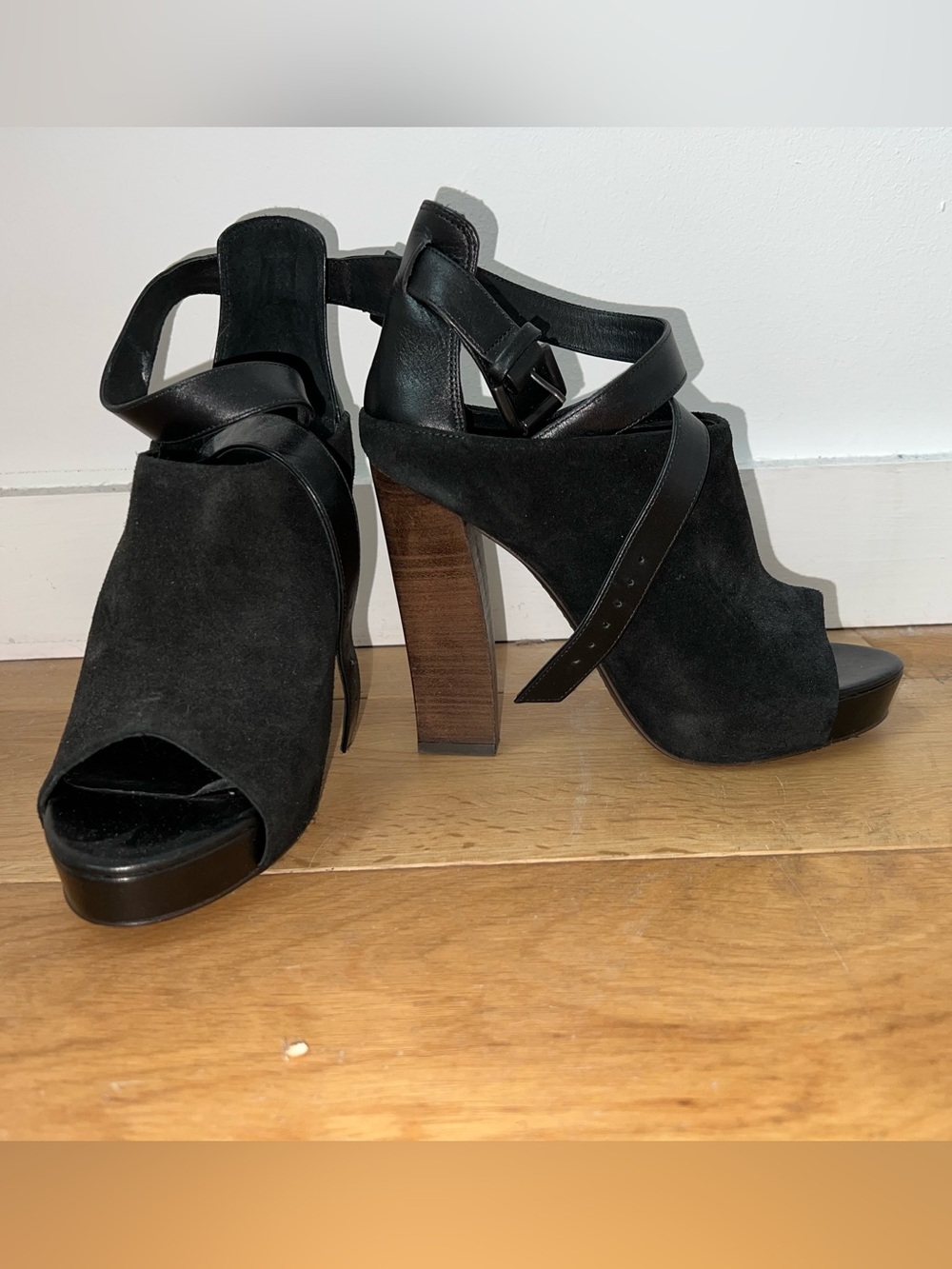 AllSaints Manifest Heels Suede Peep Toe Wrap Leather Strap Buckle Black 39 NEW